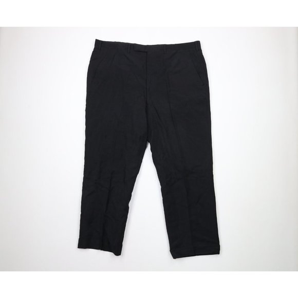 Vintage 50s 41x28 Hand Felled Bespoke Wool Blend Cuffed Wide Leg Pants Black